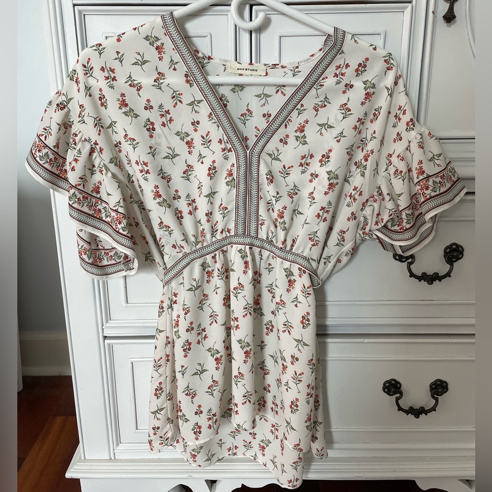 Max Studio White Floral Tie Back Blouse Size XS
